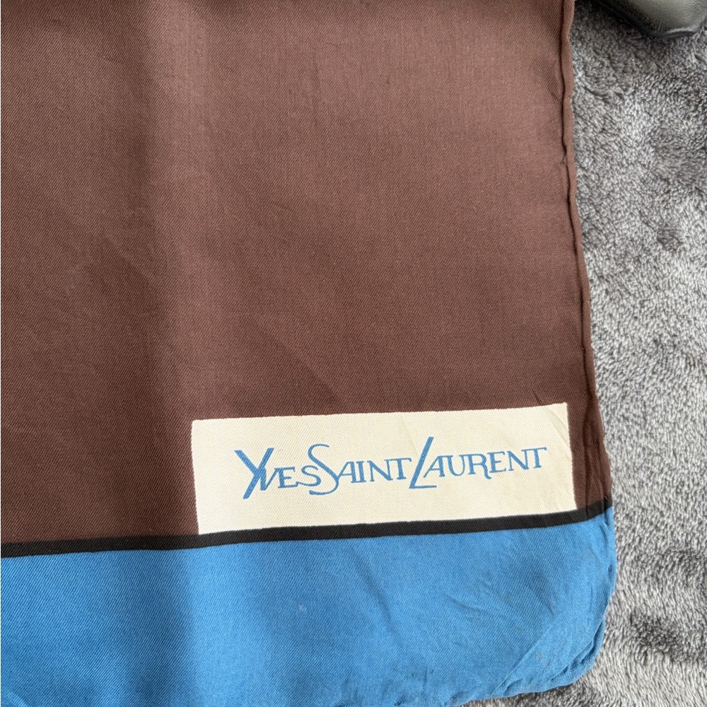 Yves Saint Laurent Blue & Brown Silk Scarf with Gold Clasp Detail